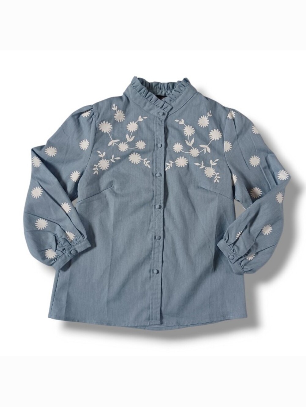 Simplee Womens Top Light Blue Mock Neck Puff Sleeve Folk Blouse Shirt Size XS